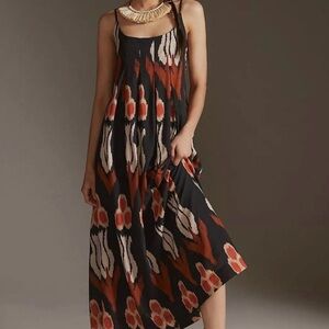 Anthropologie Nikki Pleated Boho Maxi Dress Black Orange Brown White Size XS